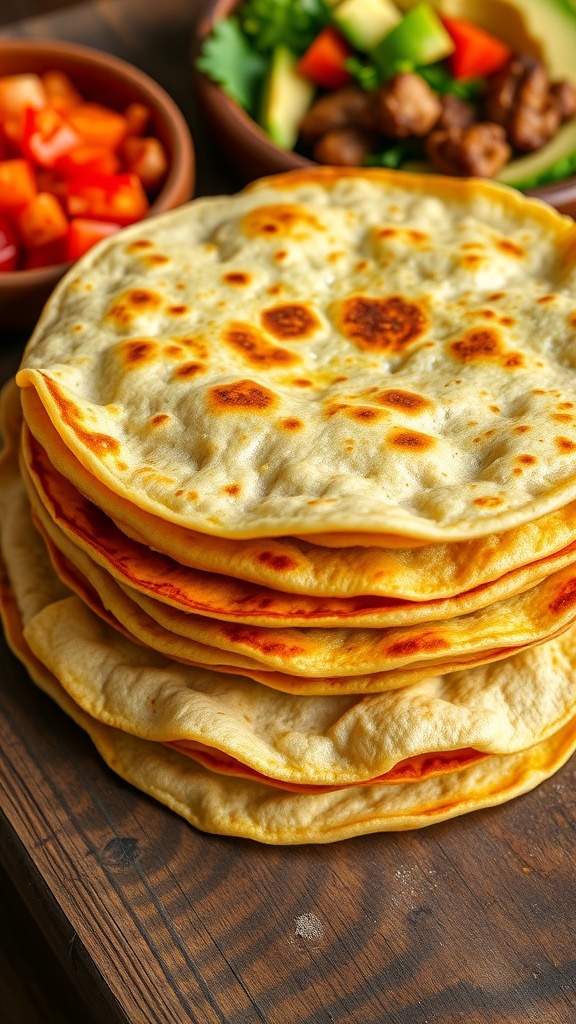 A stack of golden brown Jujuy tortillas on a wooden table with colorful fillings.